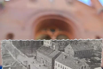 Архивная фотография Озёрска на фоне кирхи